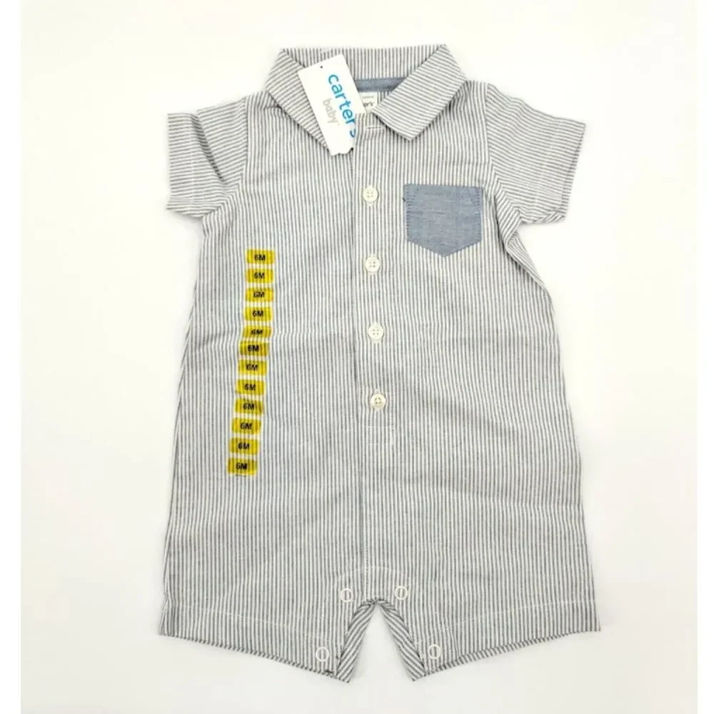 Carters Baby Boy Romper 6M Blue White Striped Oxford 100% Cotton Spring Easter